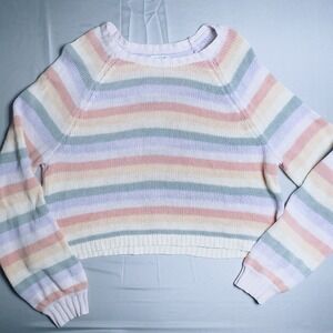 American Eagle Large Pastel Rainbow Striped Crop Sweater Open Knit Spring